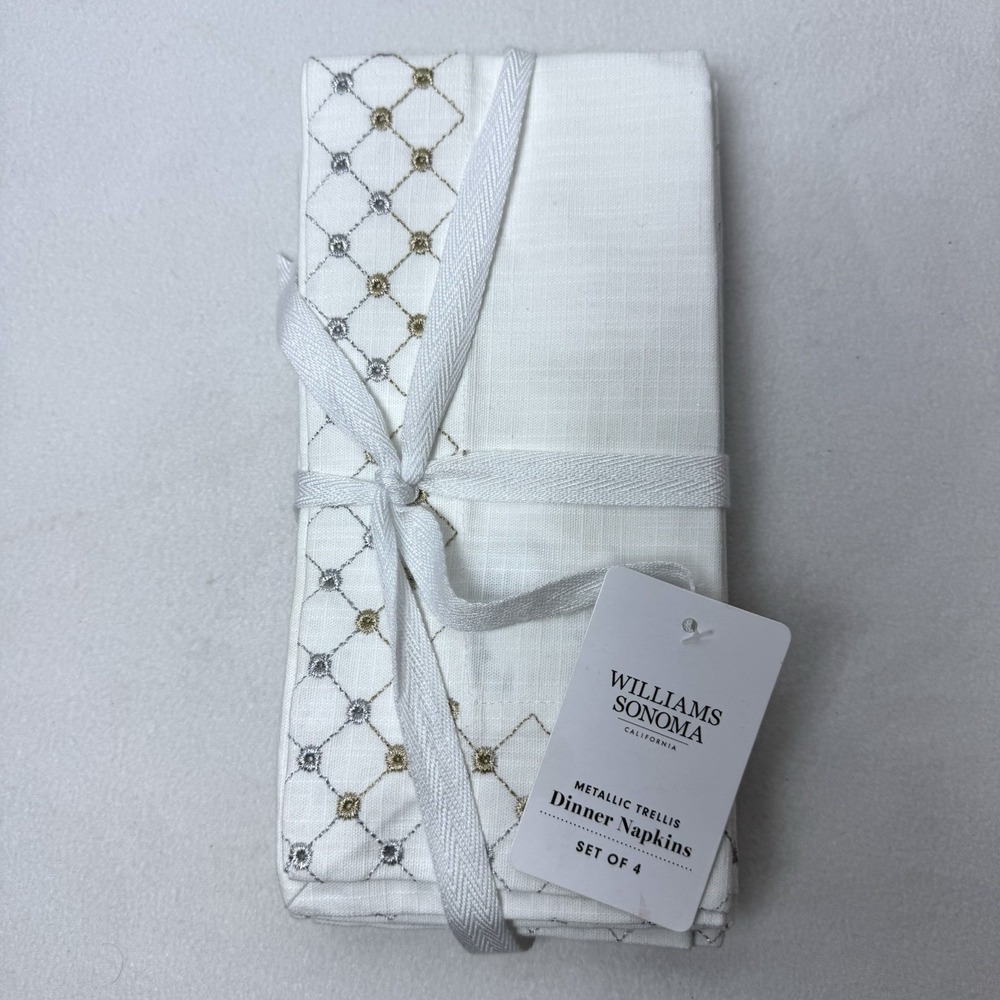 Williams Sonoma Metallic Trellis Dinner Napkins Set Of 4 Gold Silver White READ